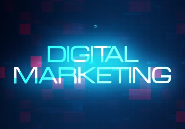24-117 Digital Marketing word tag cloud text animation on modern futuristic digital technology blue and red grid background. 4K 3D rendering text concept for intro title, trailer, business presentation.