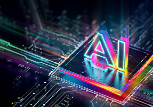 24-14 Artificial Intelligence processor unit. Powerful Quantum AI component on PCB motherboard with data transfers.